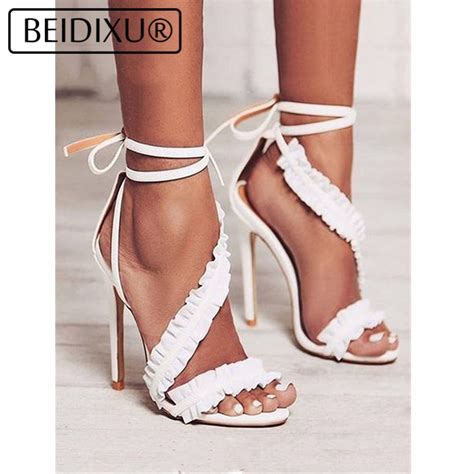 Beidixu Peng White Ruffle Lace Up Heels Sandals Ankle Strap Women Pumps