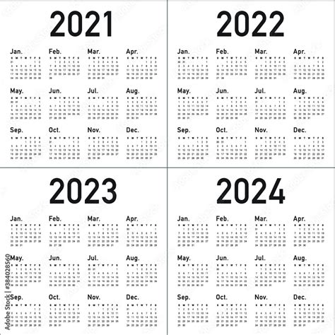 Year 2021 2022 2023 2024 Calendar Vector Design Template Simple And