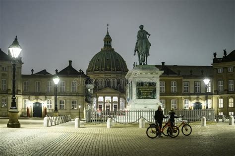 Night View To Equestrian Statue Of King Frederik V On Amalienborg