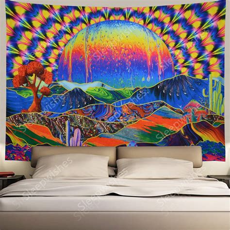 Trippy Tapestry Planet And Mountains Wall Tapestry Psychedelic Etsy