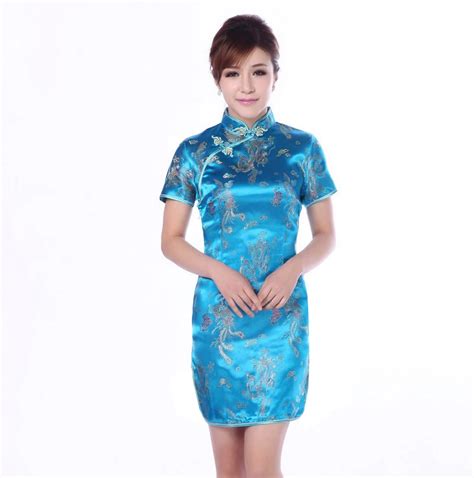 buy sexy blue chinese style women silk dress lady satin cheongsam mini qipao