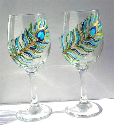 2 Peacock Feather Hand Painted Wine Glasses Handmade