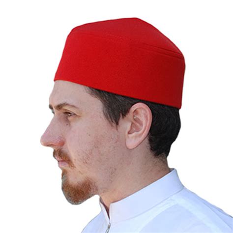 Thekufi® Red Fez Style Kufi Hat Faux Felt Muslim Cap With Pointed Top