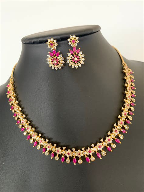 indian jewelry designer gold finish ruby necklace set ad stones traditional neck set indian