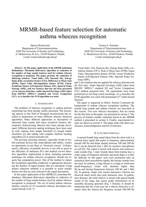 Pdf Mrmr Based Feature Selection For Automatic Asthma Wheezes Recognition