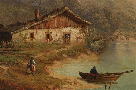 Large Antique Landscape Painting Of Mountains Over Cabin By Lake 19th