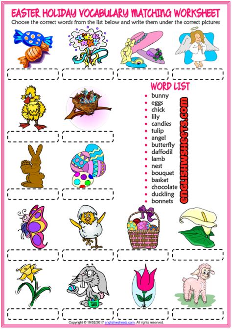 easter holiday esl vocabulary matching exercise worksheet
