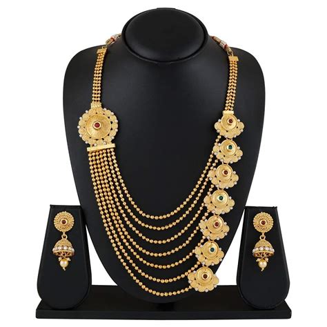 apara traditional gold plated multistrand ball chain mala earring jewellery necklace set for