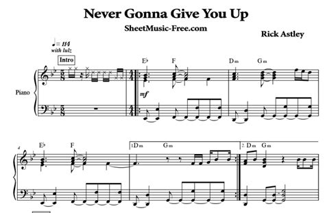 Rick Astley Never Gonna Give You Up Free Sheet Music Pdf For Piano