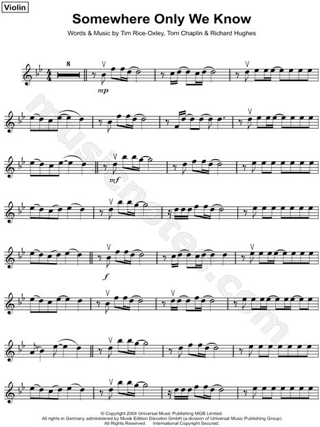 Keane Somewhere Only We Know Sheet Music Violin Solo In Bb Major