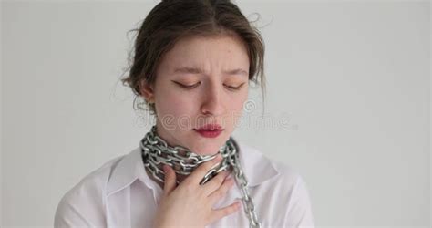 The Girl Has A Steel Chain On Her Neck Close Up Stock Footage Video