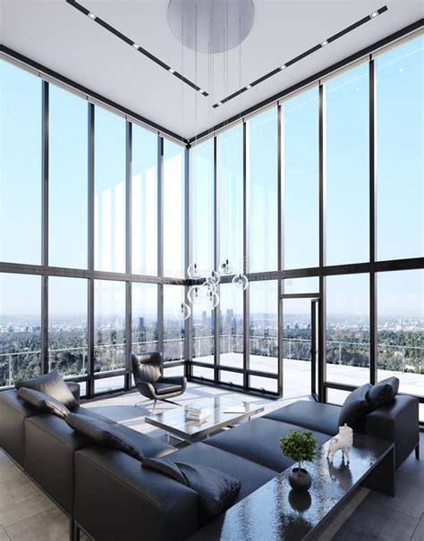 Luxury Modern Penthouse Interior With Panoramic Windows Stock