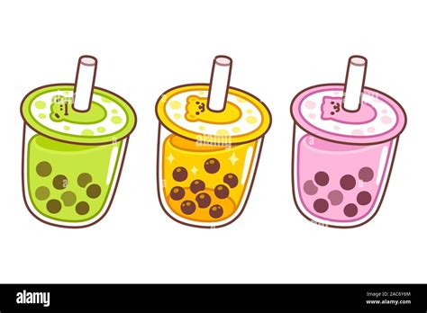 Cute cartoon bubble tea cups drawing set. Matcha, orange and strawberry flavor smoothies. Hand ...