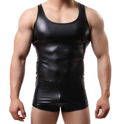 Men Sexy Solid Color Sleeveless Low Cut Faux Leather Slim Vest Gym Tank
