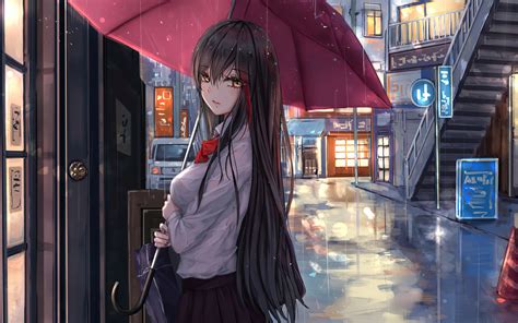 1920x1200 Anime Girl Rain Umbrella Looking At Viewer 1080p Resolution
