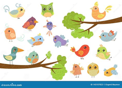 Cute Bird Characters Set Cute Colorful Cartoon Birds Flying Singing