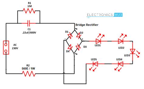 The diagram shows a single long series of leds connected one behind the leds in the above discussed led lamp circuit can be also protected and their life increased by. Mains Operated LED Light Circuit Working and Advantages