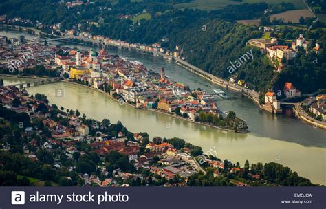 The picturesque city lies in germany's far southeast corner near the austrian border. Altstadt von Passau, Zusammenfluss von drei Donau, Inn und ...