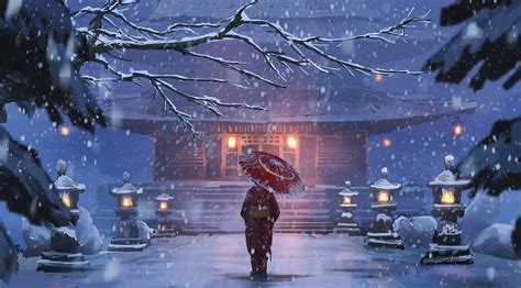 Anime Anime Girls Umbrella Kimono Winter Snow Surendra Rajawat