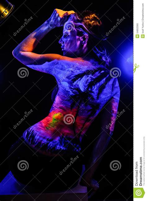 Girl With Landscape Bodyart In Blacklight Stock Photo Image Of Bend