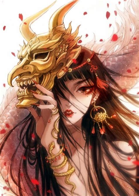 Anime Fantasy Girl Mask Demon Petals Long Hair Wallpaper 1440x2031