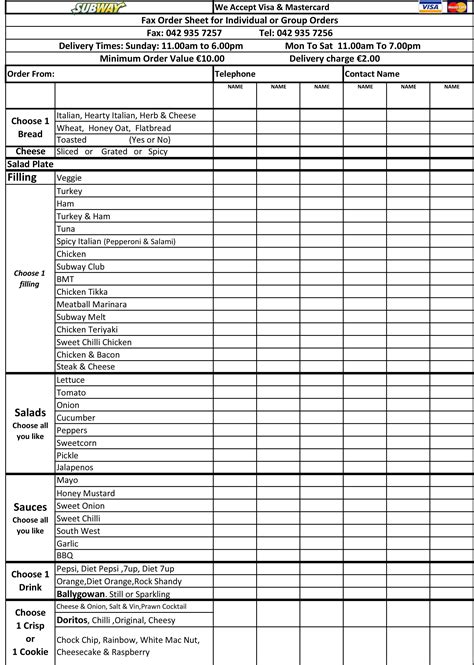 Subway Sandwich Order Form Printable Printable Forms Free Online