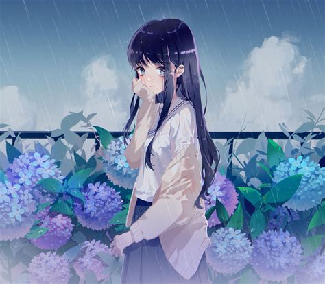 배경 화면 애니메이션 소녀들 Zhibuji Loom 원작자 비 긴 머리 외치는 눈물 꽃들 하늘 구름 젖은