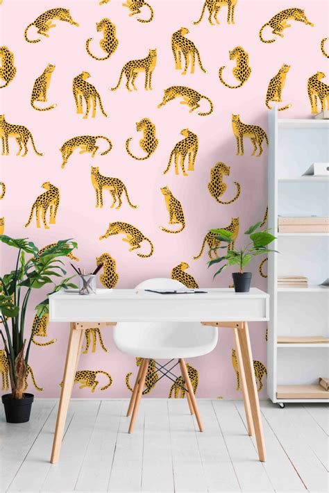 Leopards On Pink Background Wallpaper Removable Self Etsy Tropical