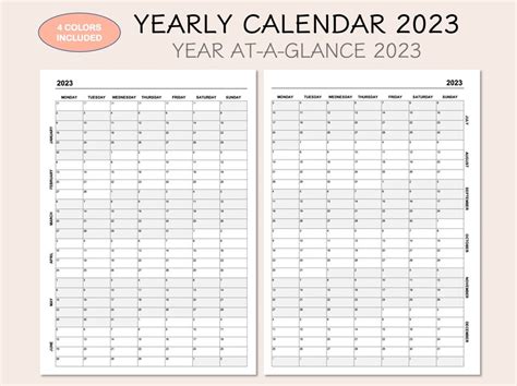 Yearly Calendar 2023 Printable Calendar 2023 Year At A Glance 2023