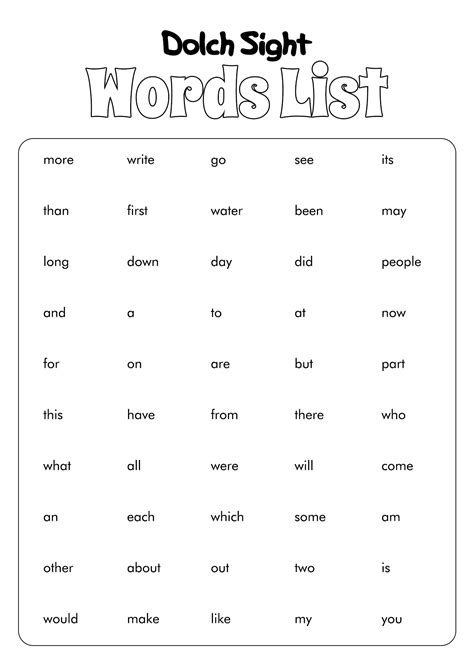 Sight Words List Kindergarten Printables