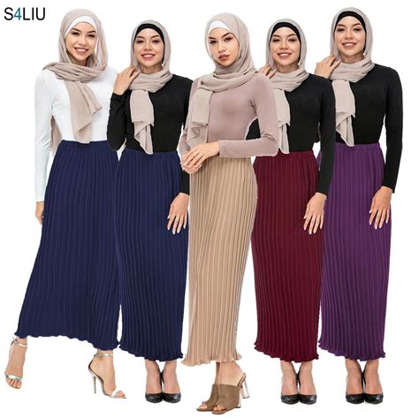 Fashion Women Pleated Skirt Modest Muslim Chiffon Long Skirt Elastic Elegant Slim Straight Ankle