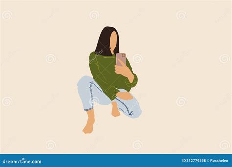 Woman Sitting Squatting And Takes A Selfie Stock Vector Illustration Of Flat Cute 212779558