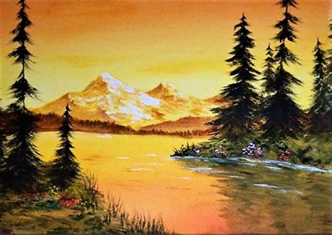 Mountain Lake Sunset Watercolor Lake Sunset Mountain Lake Art