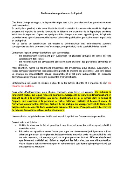 Methodologie cas pratique Méthode du cas pratique en droit pénal C