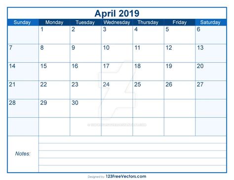 Blank Printable April Calendar 2019 Free Vector By 123freevectors On
