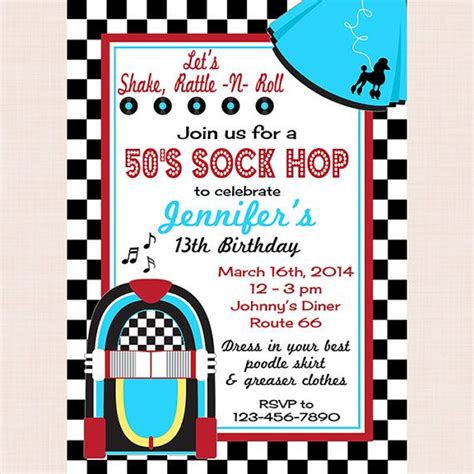 50s Sock Hop Invitation Printable Or Professionally Printed 5x7 Diner