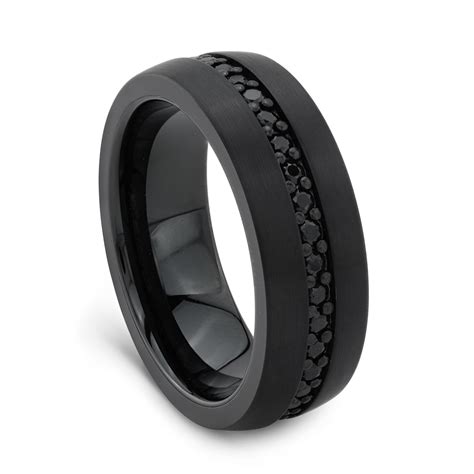 8mm black tungsten carbide ring diamonds inlay comfort fit atop men wedding band. Men's Ring Black Diamond, Black Tungsten Carbide