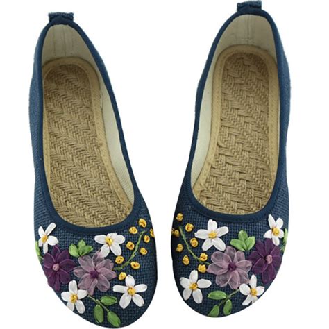 Flower Sweet Women Single Shoes Ventilation Linen Embroidered Canvas Floral Flat Shoes Mary Jane