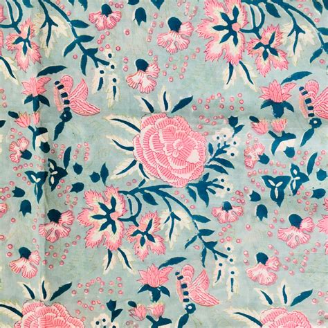 Blue Pink Floral Block Print Fabric Cotton Fabric Fabric Etsy