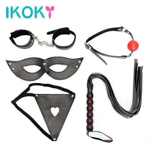 ikoky 5 pcs set sm bondage restraint adult games sex toys for couple pu leather handcuff mask
