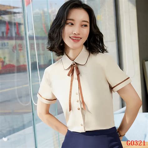 Summer Formal Women Blouses And Shirts With Necktie Apricot Short Sleeve Office Ladies Female Wear