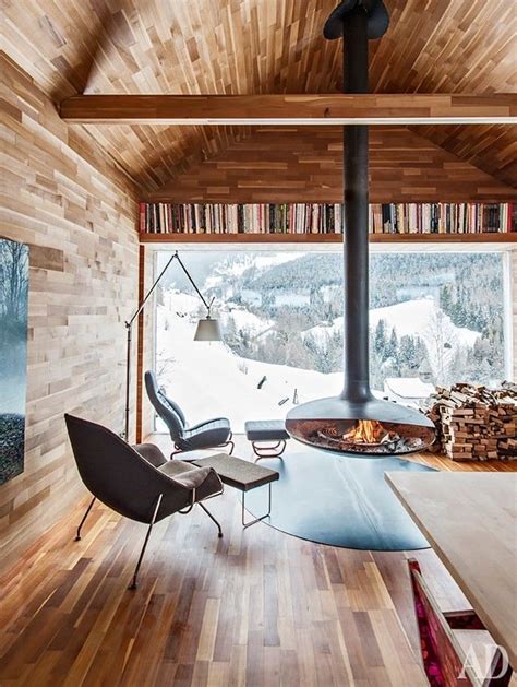 Life At Home Chalet Design Chalet Interior Floating Fireplace