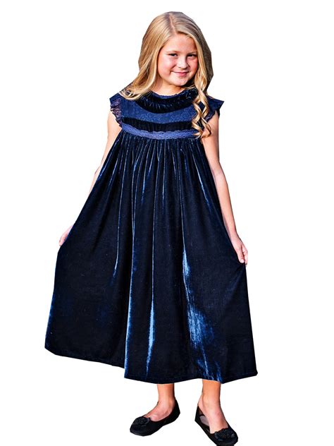 Just Couture Little Girls Navy Blue Velvet Lace Smock Magnolia