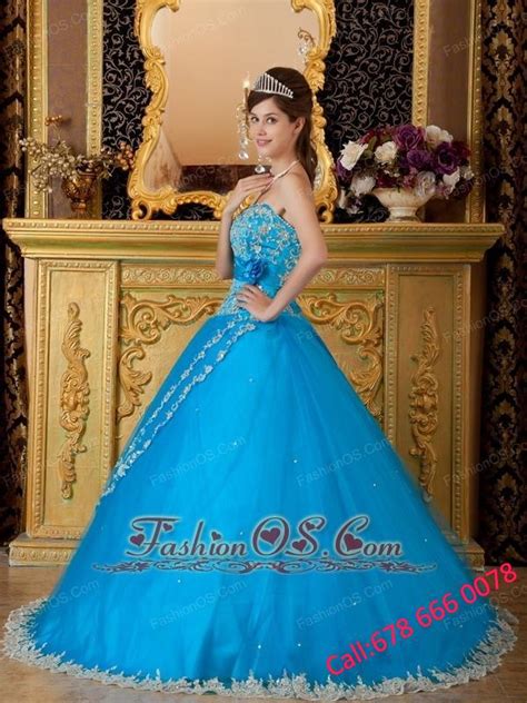 Teal Ball Gown Strapless Floor Length Tulle Lace Appliques Quinceanera
