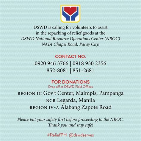 deped on twitter dswd calls for volunteers and donations please rt and click image for details