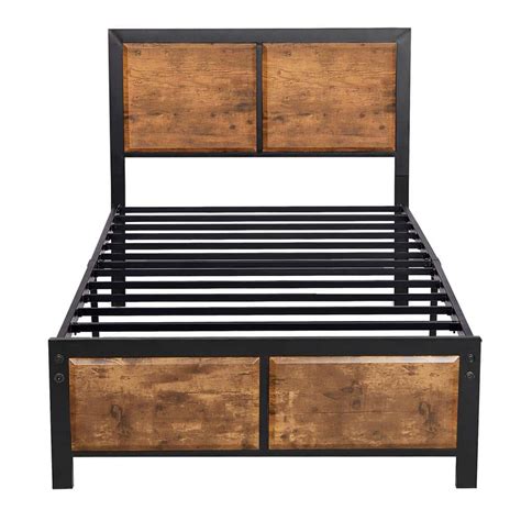 Vecelo Twin Size Platform Metal Bed Frame With Wooden Headboard And