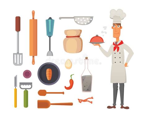 Set Kitchen Shelves And Cooking Utensils Vector Chef Character Concept