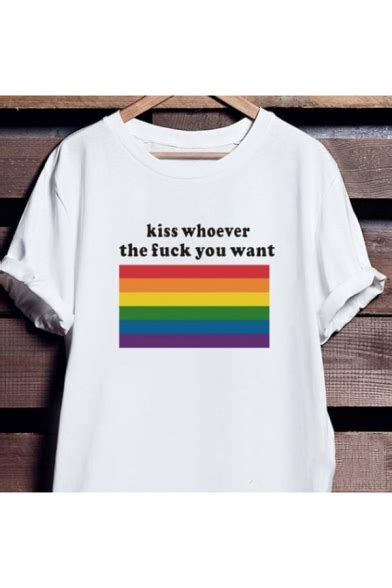 Rainbow Striped Letter Kiss Whoever The Fuck You Want Print White Loose