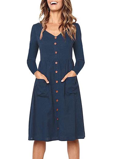 Long Sleeve Mid Length Dress Casual Pocket Front Button Down