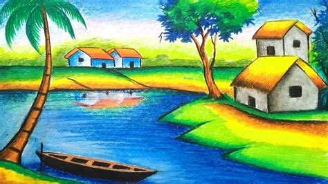 Village Landscape Scenery Drawing With Pastel Color For Beginners